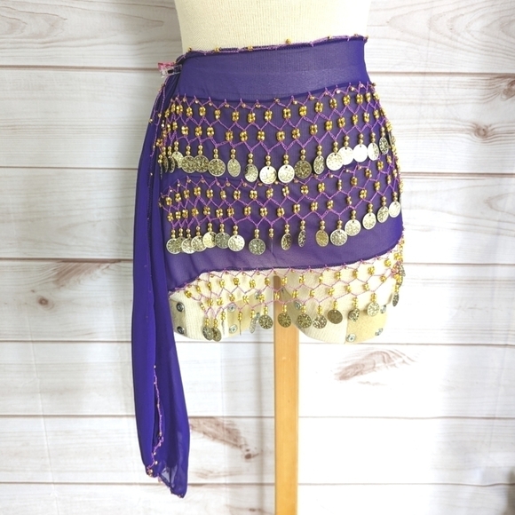 Chiffon Beaded Three Row Coin Festival Belt Scarf Wrap in Purple and Gold - Picture 4 of 14